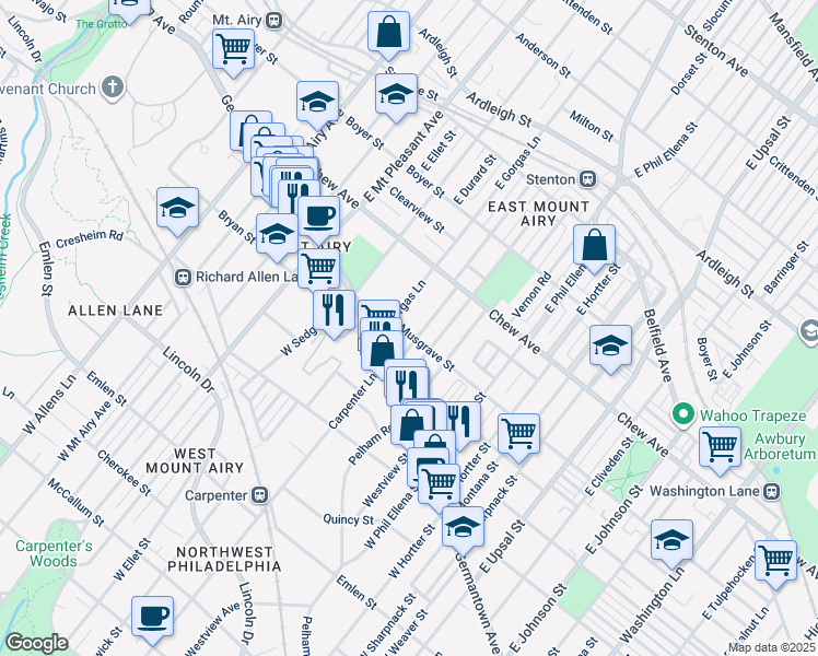 map of restaurants, bars, coffee shops, grocery stores, and more near 6833 Musgrave Street in Philadelphia