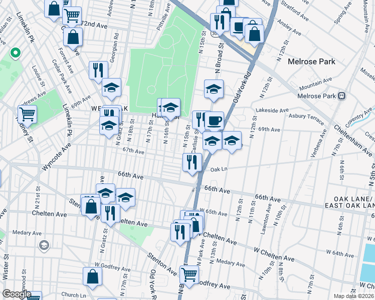 map of restaurants, bars, coffee shops, grocery stores, and more near 6715 North 15th Street in Philadelphia