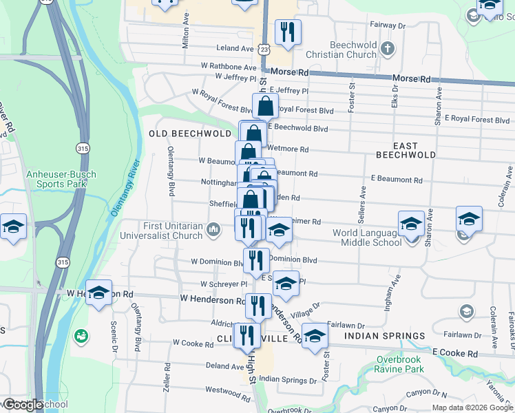 map of restaurants, bars, coffee shops, grocery stores, and more near North High Street in Columbus