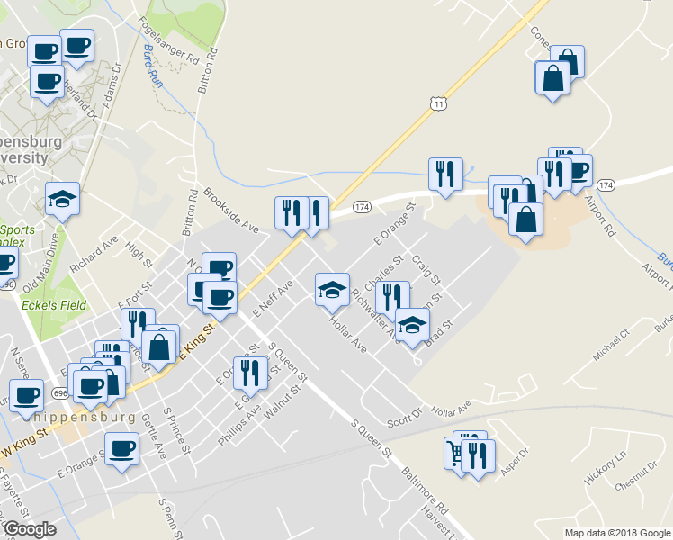map of restaurants, bars, coffee shops, grocery stores, and more near 601 East Orange Street in Shippensburg
