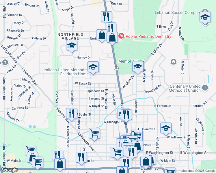 map of restaurants, bars, coffee shops, grocery stores, and more near 1015 North Jameson Street in Lebanon