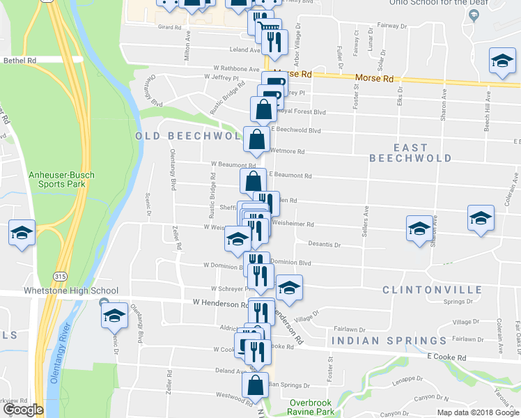 map of restaurants, bars, coffee shops, grocery stores, and more near 4591 N High St in Columbus