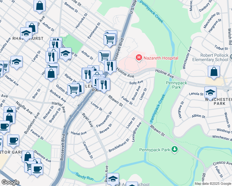 map of restaurants, bars, coffee shops, grocery stores, and more near Rhawn Street in Philadelphia