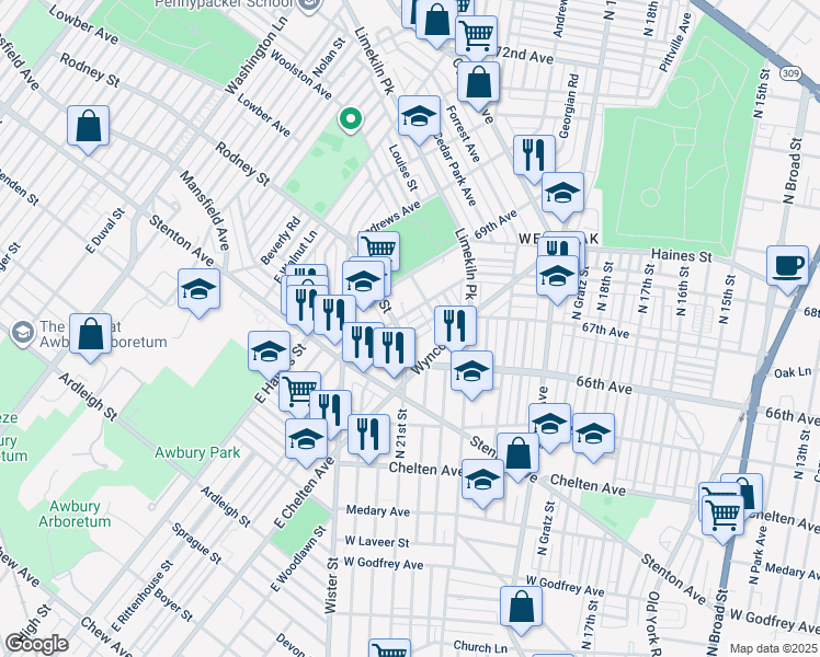 map of restaurants, bars, coffee shops, grocery stores, and more near 2087 Independence Street in Philadelphia