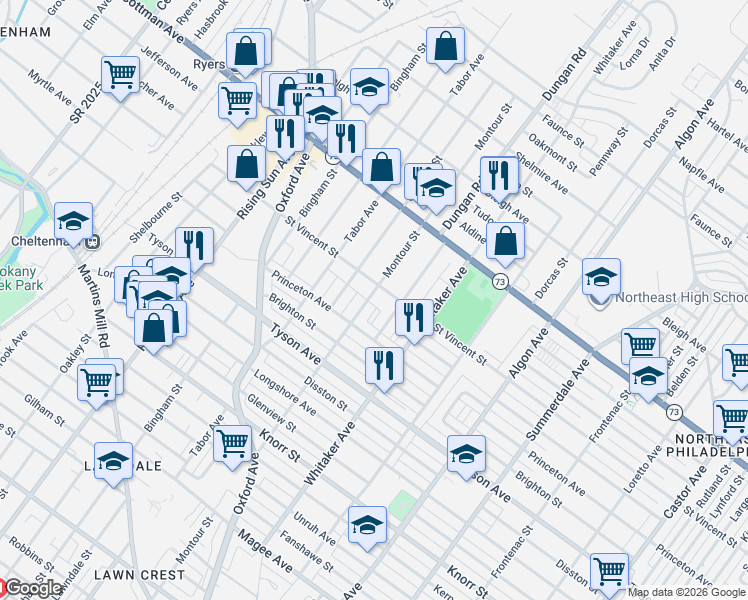 map of restaurants, bars, coffee shops, grocery stores, and more near 7139 Montour Street in Philadelphia