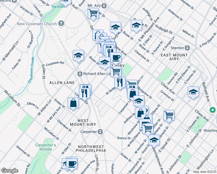 map of restaurants, bars, coffee shops, grocery stores, and more near 7021 Mower Street in Philadelphia