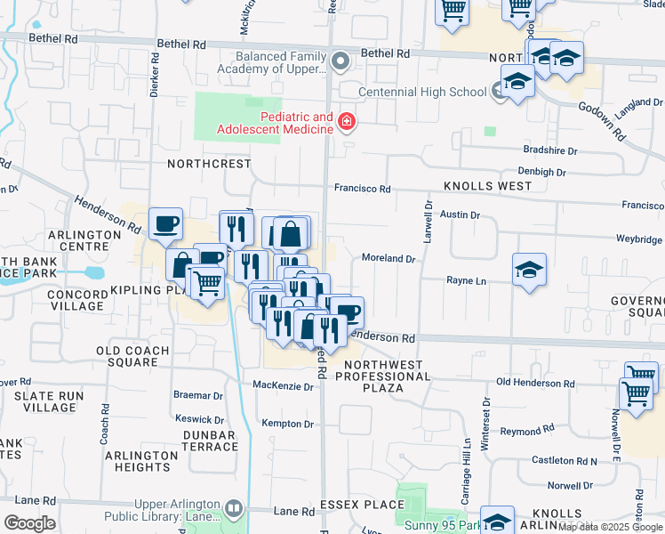 map of restaurants, bars, coffee shops, grocery stores, and more near 4900 Reed Road in Columbus