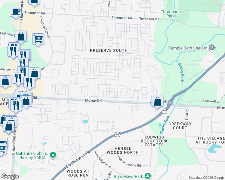map of restaurants, bars, coffee shops, grocery stores, and more near 6322 Wagtail Road in Columbus