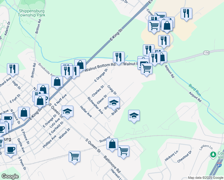 map of restaurants, bars, coffee shops, grocery stores, and more near Craig Street in Shippensburg