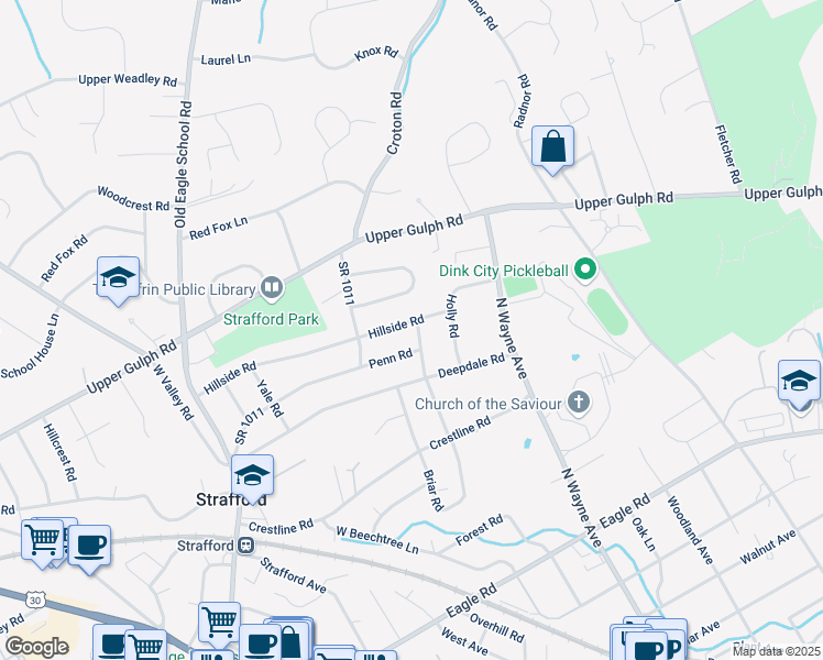 map of restaurants, bars, coffee shops, grocery stores, and more near 129 Hillside Rd in Wayne