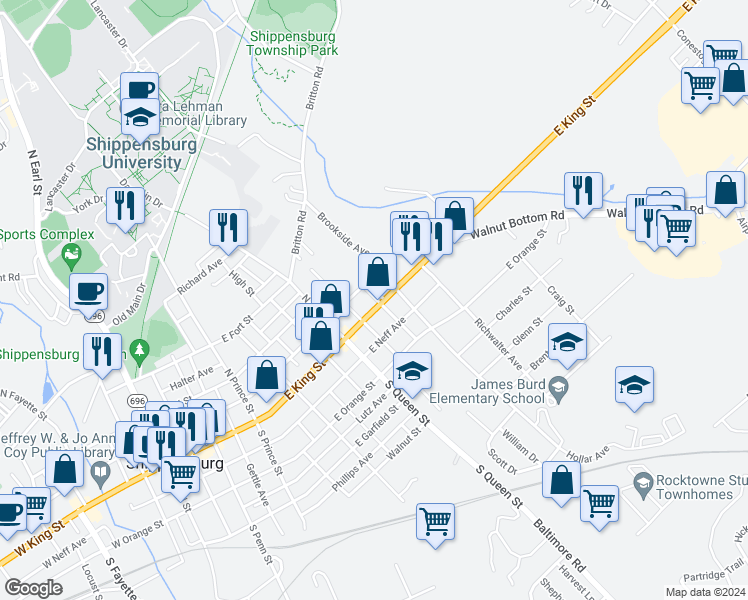 map of restaurants, bars, coffee shops, grocery stores, and more near 441 East King Street in Shippensburg