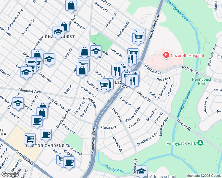 map of restaurants, bars, coffee shops, grocery stores, and more near 7903 Leonard Street in Philadelphia