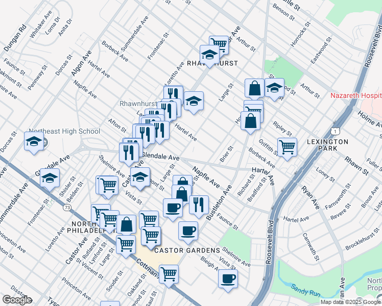 map of restaurants, bars, coffee shops, grocery stores, and more near 2101 Glendale Avenue in Philadelphia