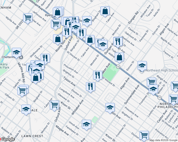 map of restaurants, bars, coffee shops, grocery stores, and more near 7139 Montour Street in Philadelphia