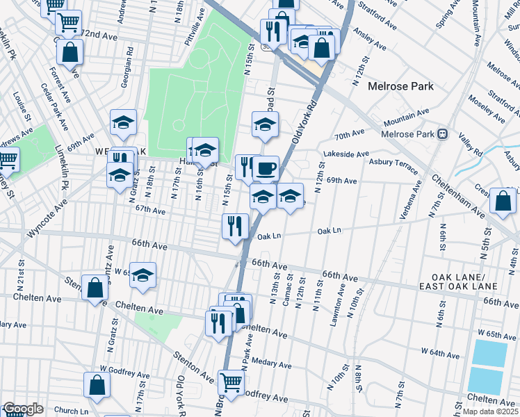 map of restaurants, bars, coffee shops, grocery stores, and more near 6727 North Broad Street in Philadelphia