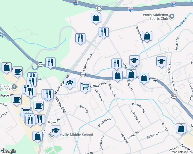 map of restaurants, bars, coffee shops, grocery stores, and more near 850 Pottstown Pike in Exton