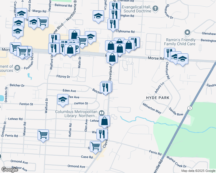 map of restaurants, bars, coffee shops, grocery stores, and more near 4274 Cleveland Avenue in Columbus
