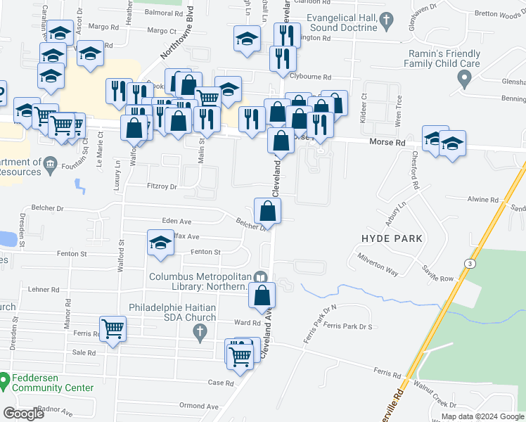 map of restaurants, bars, coffee shops, grocery stores, and more near 4269-4283 Cleveland Avenue in Columbus