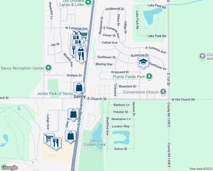 map of restaurants, bars, coffee shops, grocery stores, and more near 117 Tickseed in Savoy