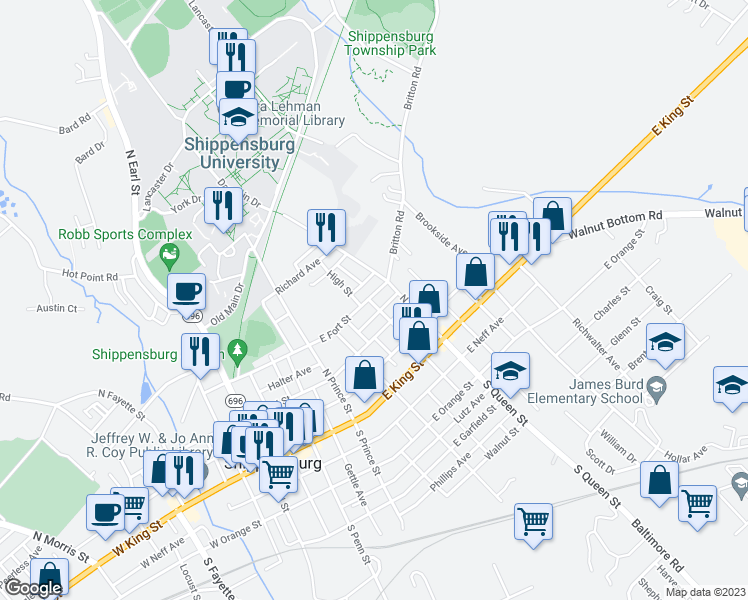 map of restaurants, bars, coffee shops, grocery stores, and more near 336 East Fort Street in Shippensburg