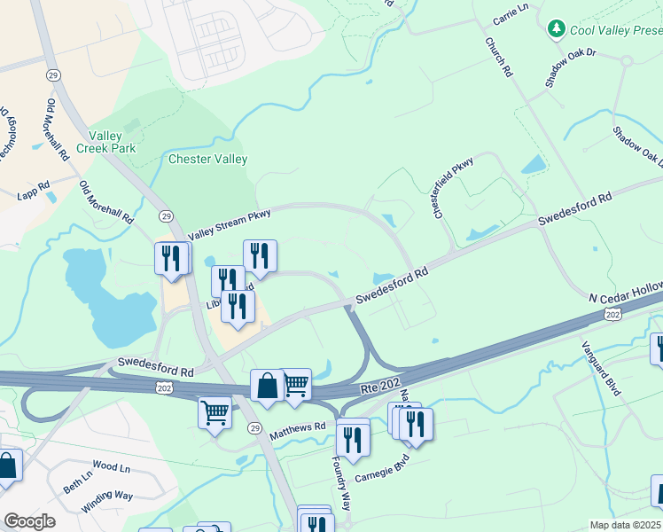 map of restaurants, bars, coffee shops, grocery stores, and more near 45 Liberty Boulevard in Malvern