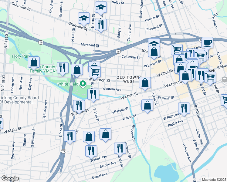 map of restaurants, bars, coffee shops, grocery stores, and more near 69 Western Ave in Newark