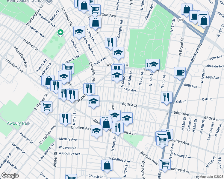 map of restaurants, bars, coffee shops, grocery stores, and more near 6642 Ogontz Avenue in Philadelphia