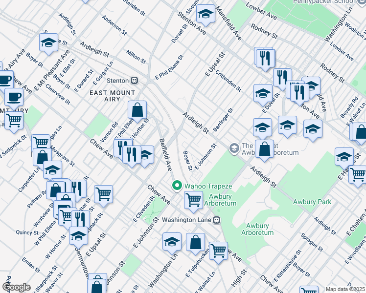 map of restaurants, bars, coffee shops, grocery stores, and more near 905 East Cliveden Street in Philadelphia