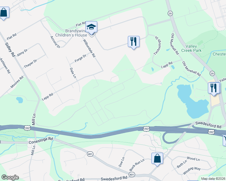 map of restaurants, bars, coffee shops, grocery stores, and more near 280 Lapp Rd in Malvern