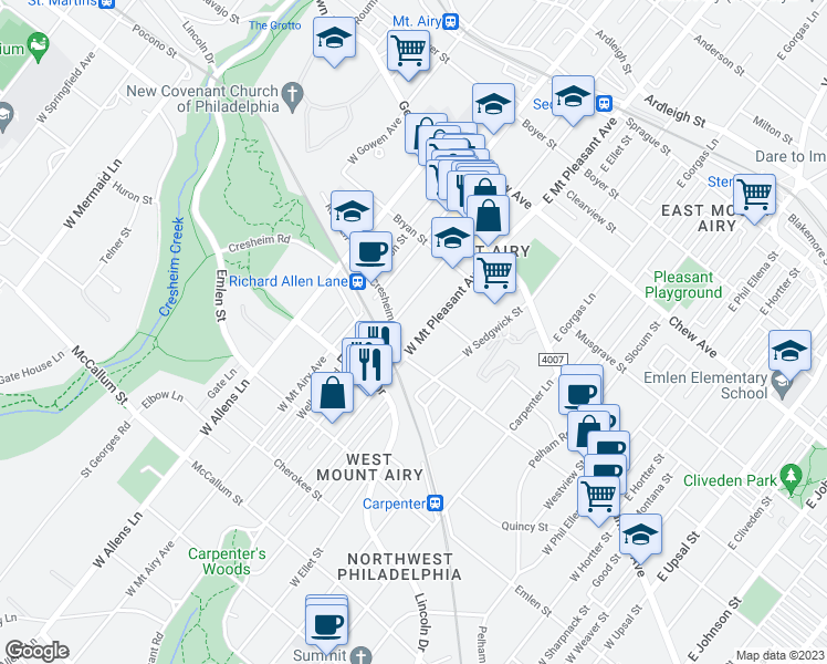 map of restaurants, bars, coffee shops, grocery stores, and more near 225 West Mount Pleasant Avenue in Philadelphia