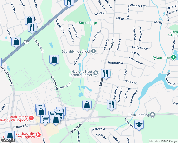 map of restaurants, bars, coffee shops, grocery stores, and more near 16 Adams Drive in Burlington