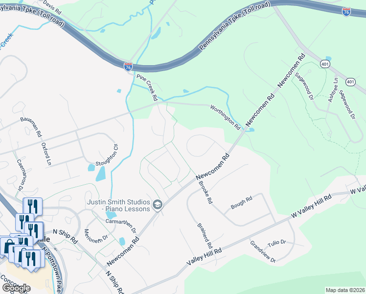 map of restaurants, bars, coffee shops, grocery stores, and more near 110 Timber Springs Lane in Exton