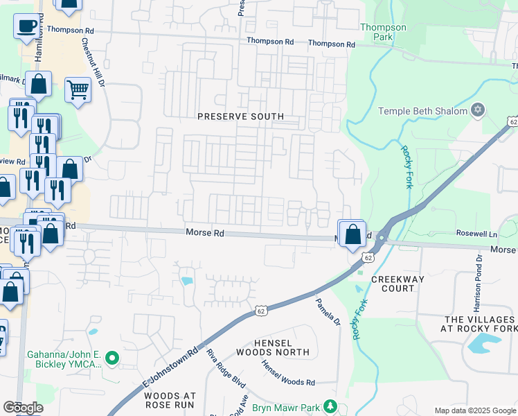 map of restaurants, bars, coffee shops, grocery stores, and more near 3683 Preserve Crossing Boulevard in Columbus