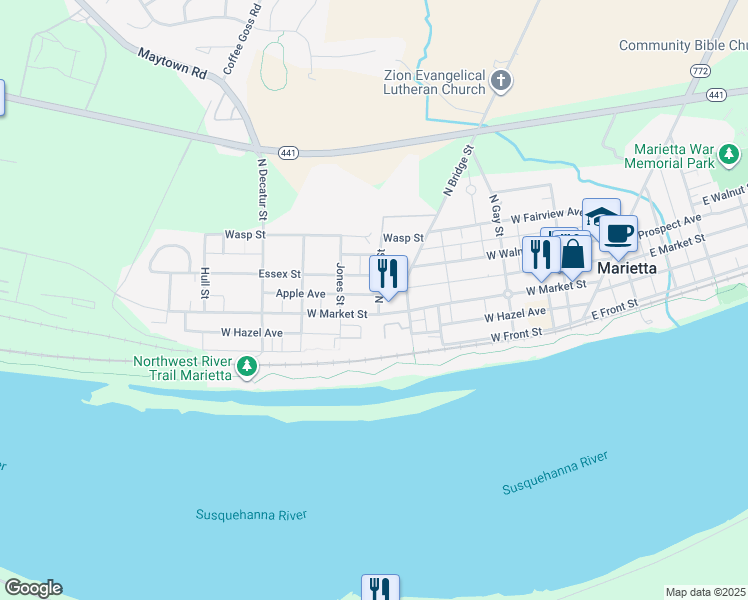 map of restaurants, bars, coffee shops, grocery stores, and more near 121 North Biddle Street in Marietta