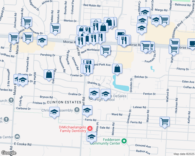 map of restaurants, bars, coffee shops, grocery stores, and more near 1653 Alona Drive in Columbus