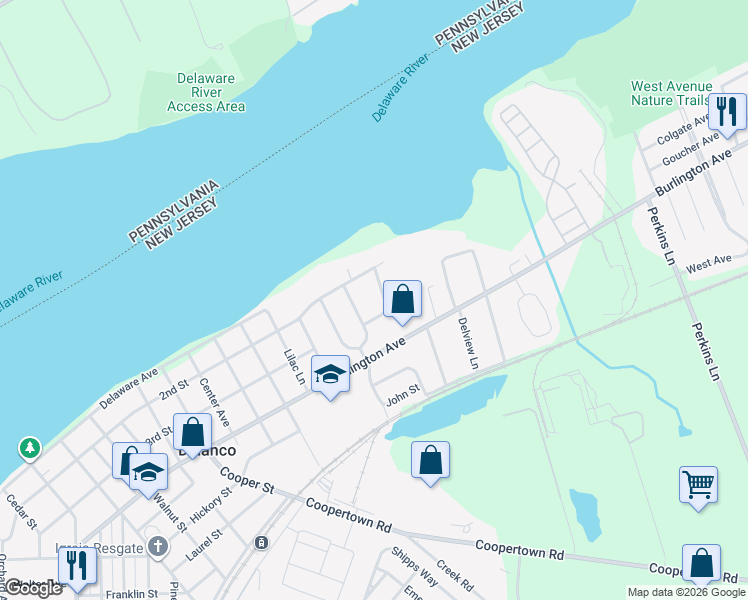 map of restaurants, bars, coffee shops, grocery stores, and more near 216 Fenimore Lane in Delanco