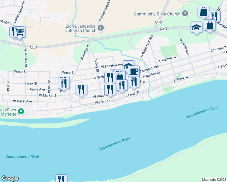 map of restaurants, bars, coffee shops, grocery stores, and more near 121 West Market Street in Marietta