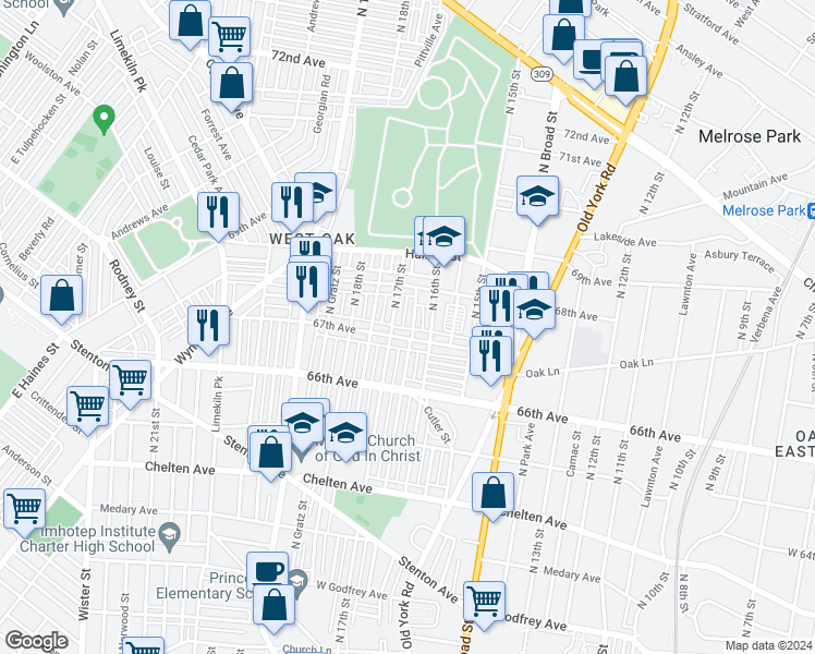 map of restaurants, bars, coffee shops, grocery stores, and more near 6710 North Smedley Street in Philadelphia