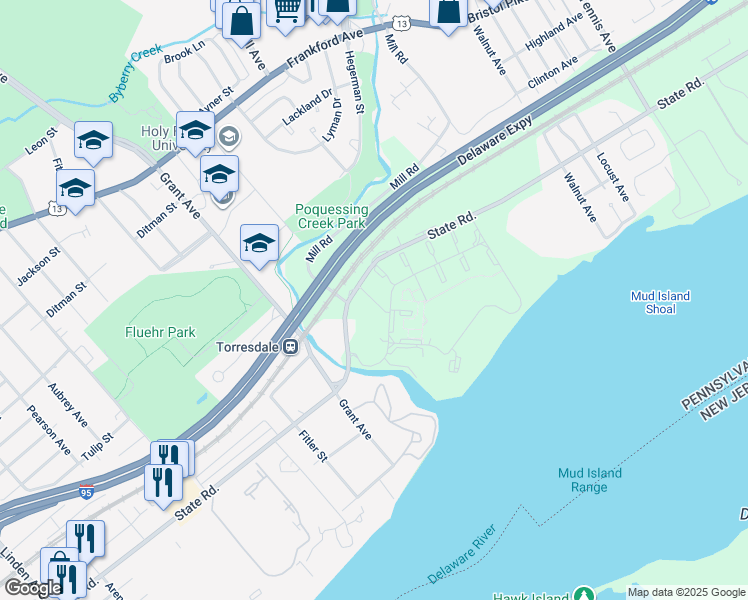 map of restaurants, bars, coffee shops, grocery stores, and more near West Court in Bensalem