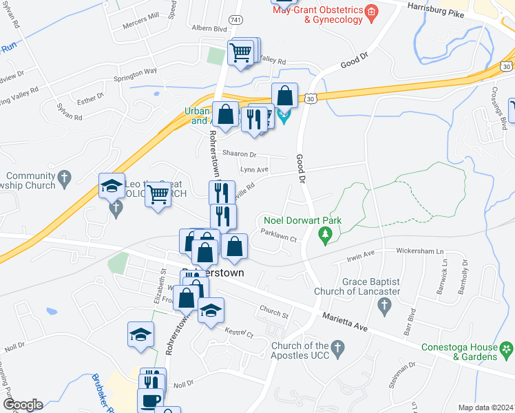 map of restaurants, bars, coffee shops, grocery stores, and more near 220 Parklawn Court in Lancaster