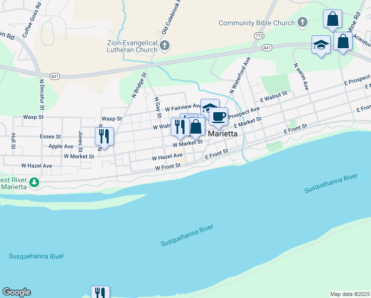 map of restaurants, bars, coffee shops, grocery stores, and more near 121 West Market Street in Marietta