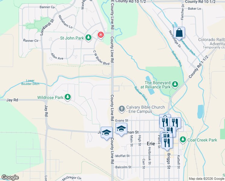 map of restaurants, bars, coffee shops, grocery stores, and more near 4433 Northeast County Line Road in Erie