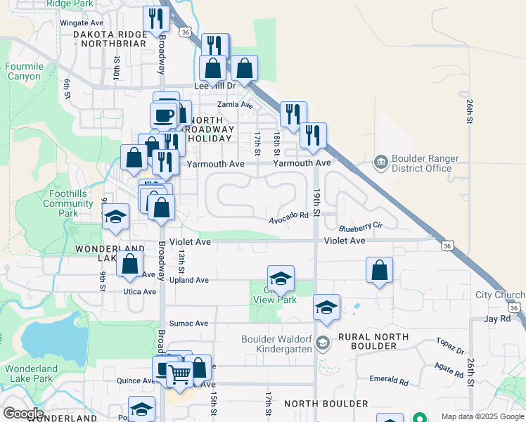 map of restaurants, bars, coffee shops, grocery stores, and more near 441 Peach Court in Boulder