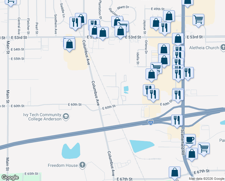 map of restaurants, bars, coffee shops, grocery stores, and more near 1326 McIntosh Court in Anderson