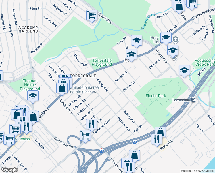 map of restaurants, bars, coffee shops, grocery stores, and more near 4423 Aubrey Avenue in Philadelphia