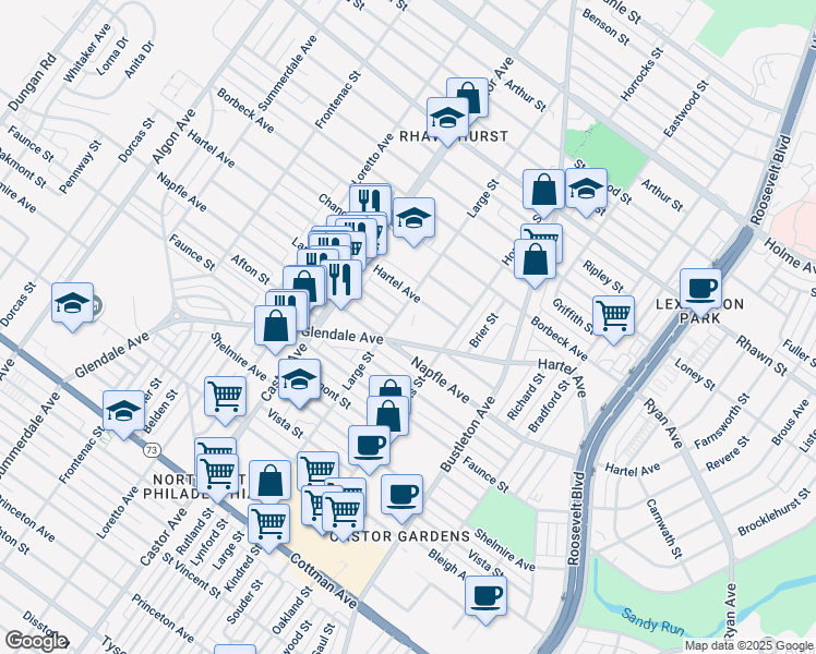 map of restaurants, bars, coffee shops, grocery stores, and more near 2101 Glendale Avenue in Philadelphia