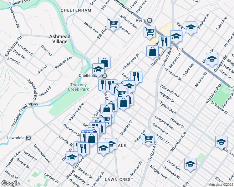 map of restaurants, bars, coffee shops, grocery stores, and more near 412 Longshore Avenue in Philadelphia