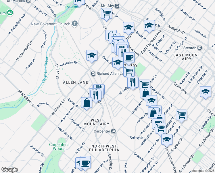 map of restaurants, bars, coffee shops, grocery stores, and more near 225 West Mount Pleasant Avenue in Philadelphia