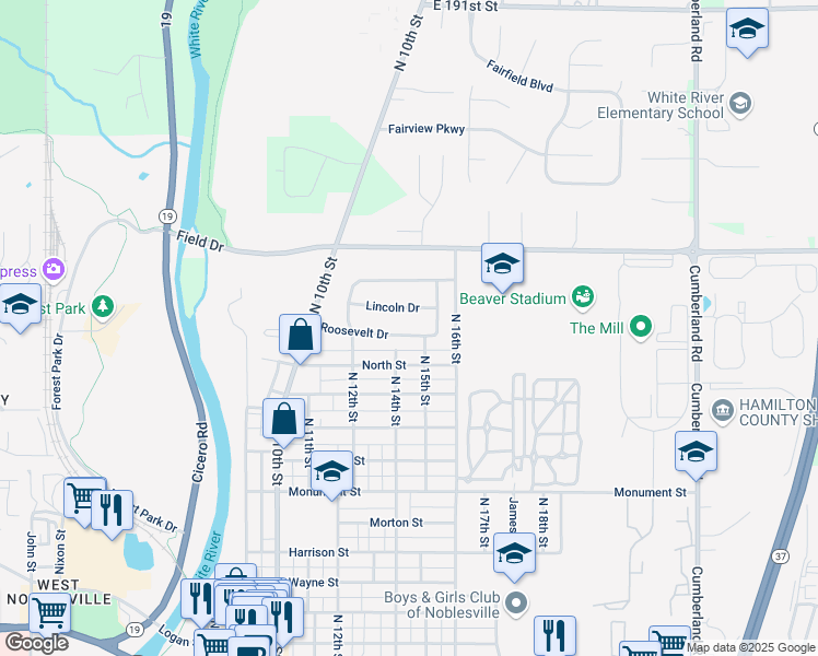 map of restaurants, bars, coffee shops, grocery stores, and more near 1422 Roosevelt Drive in Noblesville