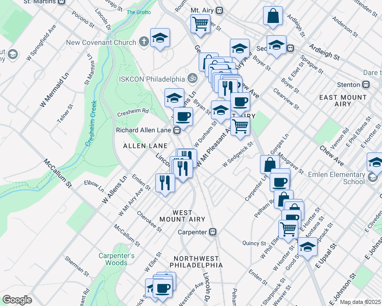 map of restaurants, bars, coffee shops, grocery stores, and more near 7120 Cresheim Road in Philadelphia